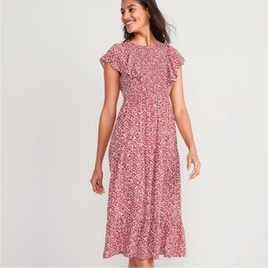 Old Navy Red Womens Fit & Flare Flutter-Sleeve Tiered Smocked Midi Dress Size XS